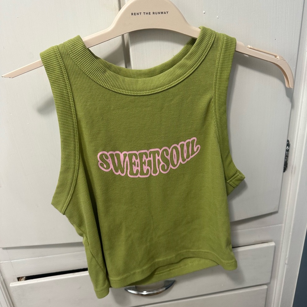 Green Ribbed Graphic Tank Top with Pink Word Decal Size L